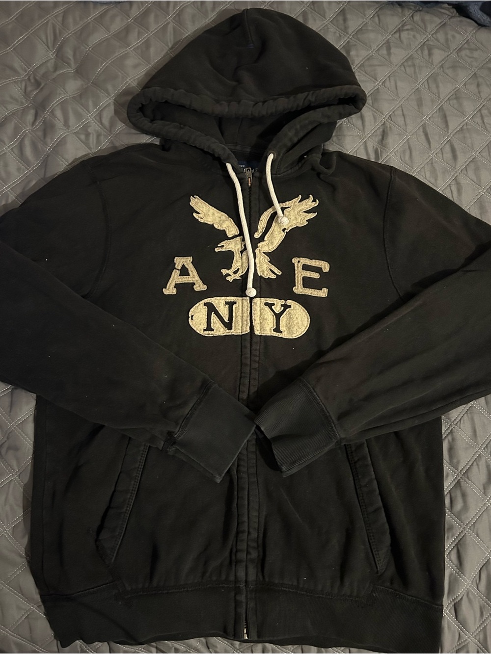 American Eagle Outfitters Black Zip-Up Hoodie with Cream Logo